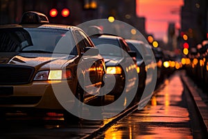 A fleet of taxis lined up in a row with the colorful sunset in the background.