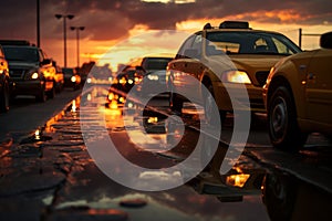 A fleet of taxis lined up in a row with the colorful sunset in the background.