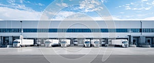 The fleet of trucks in front of a modern warehouse facility under a blue sky..AI generated image