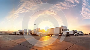 Fleet of trucks parked at parking lot yard of delivery company. Truck transport. Logistic industry. Freight transportation.