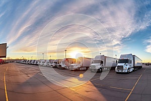 Fleet of trucks parked at parking lot yard of delivery company. Truck transport. Logistic industry. Freight transportation.