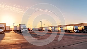 Fleet of trucks parked at parking lot yard of delivery company. Truck transport. Logistic industry. Freight transportation.