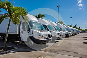 Fleet of White Commercial Vehicles in a Vibrant Industrial Setting