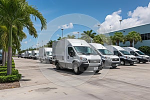 Fleet of White Commercial Vehicles in a Vibrant Industrial Setting
