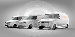 Fleet of white electric powered delivery vans on gray background