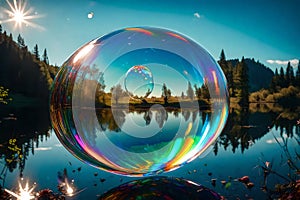 The fleeting nature of emotions by portraying a delicate soap bubble reflecting a spectrum of colors,