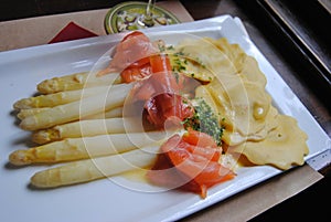 Flemmish style salmon and asparagus in Belgium