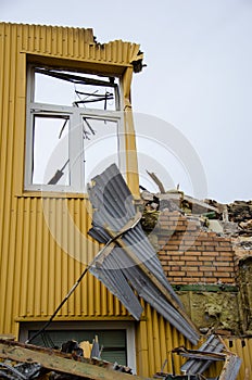 Flensburg Fahrensodde Burning Fire Airplane hanger. Yellow destroyed facade with broken window photo