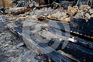 Flensburg Fahrensodde Burning Fire Airplane hanger. View of debris, building destruction after fire photo