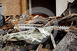 Flensburg Fahrensodde Burning Fire Airplane hanger view of debris, shut and ash and destroyed heater heating photo