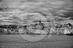 Flensburg Germany Europe panorama view from seaside in black and white