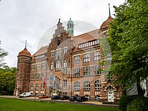Flensburg, Germany - May 27, 2021: Front facade of the Museumsberg building in Flensburg, Germany