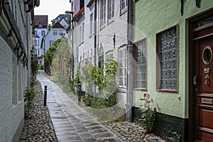 Flensburg old town, typical narrow alley between small city houses with roses on the facades in the cobblestones, tourist