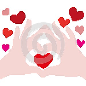 A flesh-colored palm silhouette and red hearts in and around painted with squares and pixels. Love symbol sign