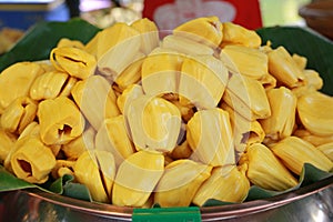 Flesh yellow jackfruit in tray at market thailand