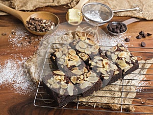 Fleshly baked almond brownies desert background photo