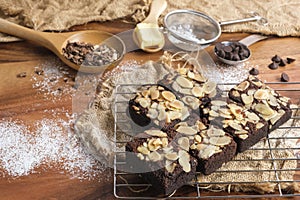 Fleshly baked almond brownies desert background photo