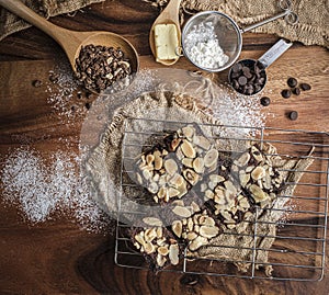 Fleshly baked almond brownies desert background photo