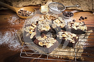 Fleshly baked almond brownies desert background photo