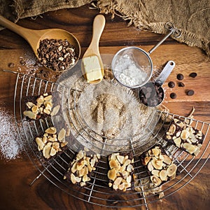 Fleshly baked almond brownies desert background photo