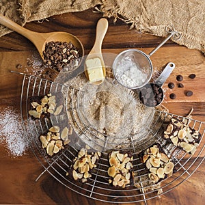 Fleshly baked almond brownies desert background