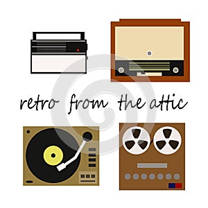 Flete retro illustration, receiver, recorder, player with vinyl records and radiogram.