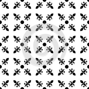 Fleur de lis in diagonal arrangement with dot in the middle. Abstract retro geometrical seamless pattern. Black vector