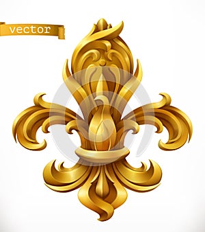 Fleur-de-lis, stylized lily gold emblem. 3d vector icon