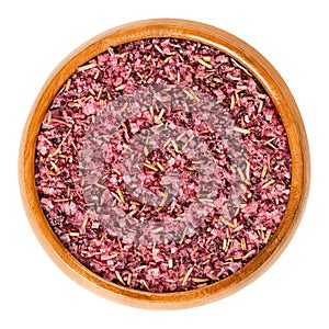 Fleur de Sel with hibiscus and rosemary in wooden bowl