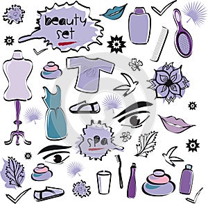 Set of Doodles - Beauty Objects and Elements, Dress, Fashion, Make-up, Nature and Spa