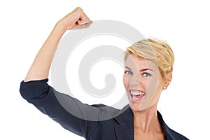 Flex, happy and portrait of woman in a studio with feminism, women empowerment and career success. Smile, excited and