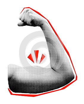 Flexed biceps emoji gesture halftone collage element vector illustration