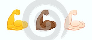 Flexed biceps icons. Strong muscle hands of various skin tones gesture emoji vector illustration.