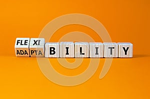 Flexibility and adaptability symbol. Turned wooden cubes and changed words `adaptability` to `flexibility`. Beautiful orange photo