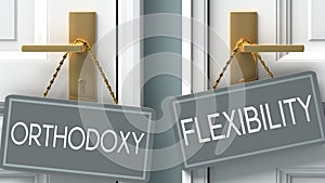 Flexibility or orthodoxy as a choice in life - pictured as words orthodoxy, flexibility on doors to show that orthodoxy and