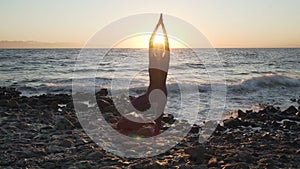 Flexible caucasian girl doing tree yoga asana at seashore at sunset.