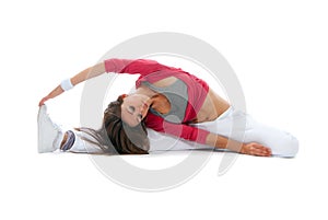 Flexible dancer woman sit on twine