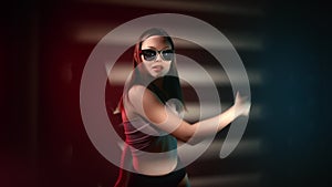 Flexible fashion female dancer sunglasses performing passion choreography movement jalousie shadow