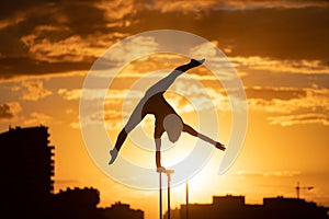 Flexible female circus Artis keep balance on one hand on the rooftop against dramatic sunset and cityscape. Handstand