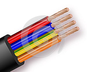 Flexible four-wire electrical cable isolated on white background. Copper multicore cable in color insulation. Close-up