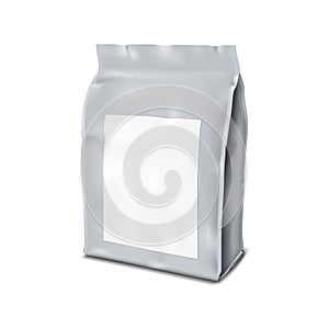 Flexible plastic bag package with white empty label realistic vector mock-up. Blank side gusset pouch packaging mockup