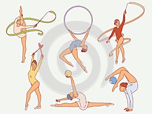 Flexible rhythmic gymnasts. Slender girls in swimsuits with balls, ribbons and hoops, preparation for sports