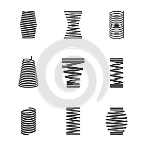 Flexible steel spiral. Metal bended wire coils shape elastic and compacted forms vector icon silhouettes isolated