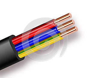 Flexible Three-wire electrical cable isolated on white background. Copper multicore cable in color insulation. Close-up