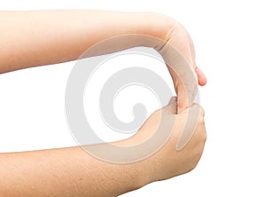 Flexing muscle on hand for heal office syndrom on isolated background. photo