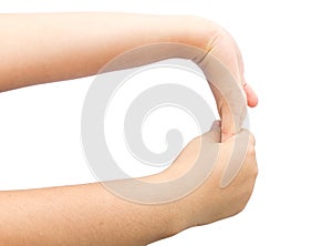 Flexing muscle on hand for heal office syndrom on isolated background.