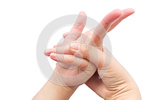 Flexing muscle on hand for heal office syndrom on isolated background photo