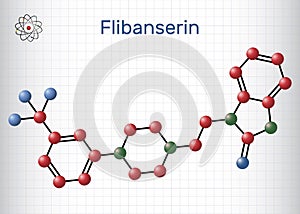 Flibanserin molecule. It is serotonergic antidepressant. Molecule model. Sheet of paper in a cage photo