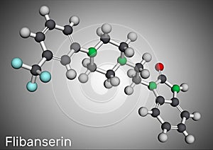 Flibanserin molecule. It is serotonergic antidepressant used to treat hypoactive sexual desire disorder. Molecular model. 3D photo