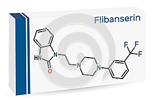 Flibanserin molecule. It is serotonergic antidepressant. Skeletal chemical formula. Paper packaging for drugs photo